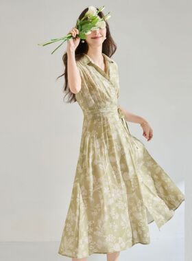 26夏季新款法式棉质淡雅印花衬衫领收腰显瘦通勤气质连衣裙