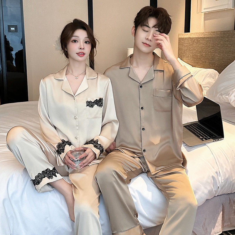 2025新款情侣睡衣女春秋冰丝长袖纯色套装外穿男士大码休闲家居服