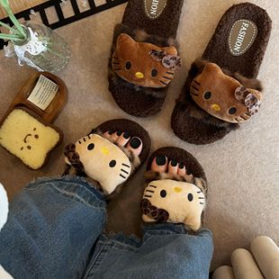 居家露趾棉拖鞋 新款 女外穿2025秋冬季 可爱卡通豹纹猫咪毛毛拖鞋