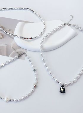 银色小方块珠子项链锁骨链挂链