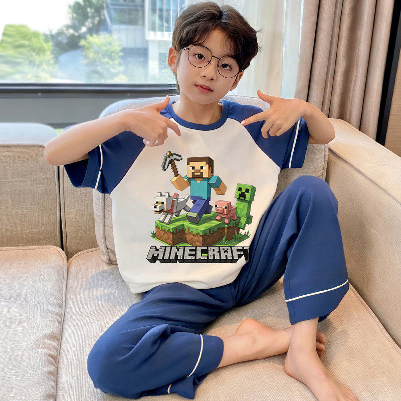 男童睡衣夏季纯棉短袖长裤套装圆领卡通可爱萌趣卡通春夏季薄款