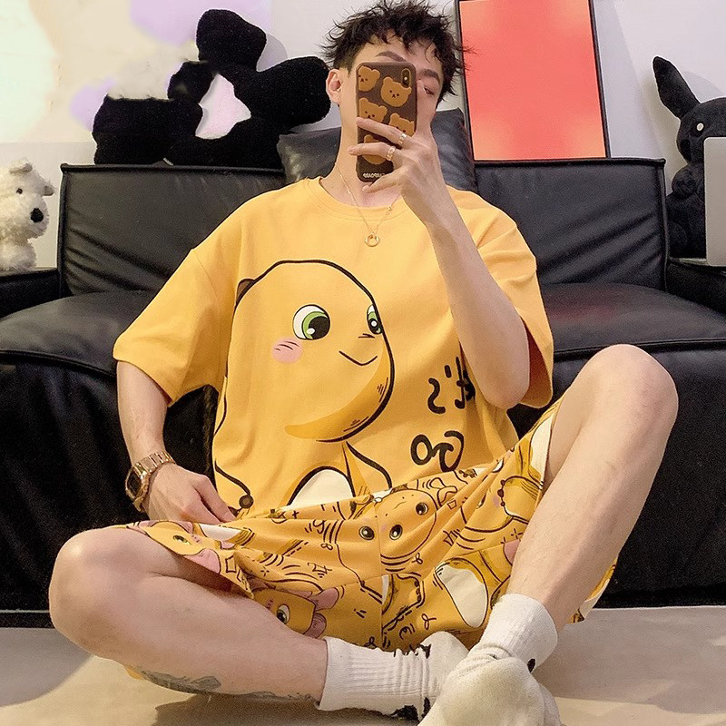 睡衣男夏季纯棉短袖薄款青年卡通奶龙套装夏天男士圆领大码家居服