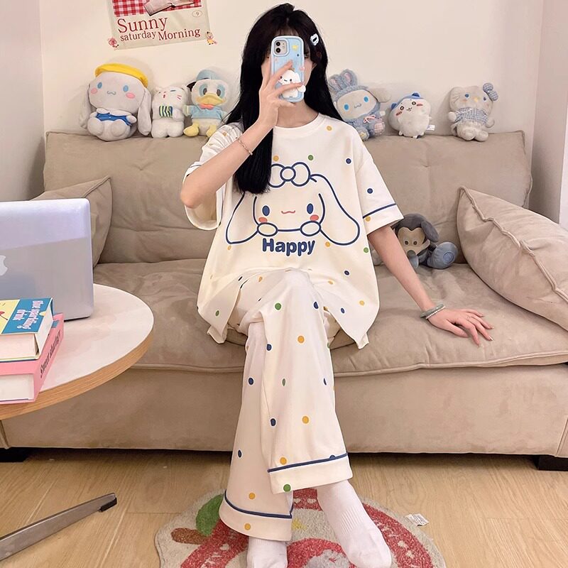 卡通睡衣女款夏季纯棉套装薄款短袖长裤大码胖mm夏天初中生家居服图片