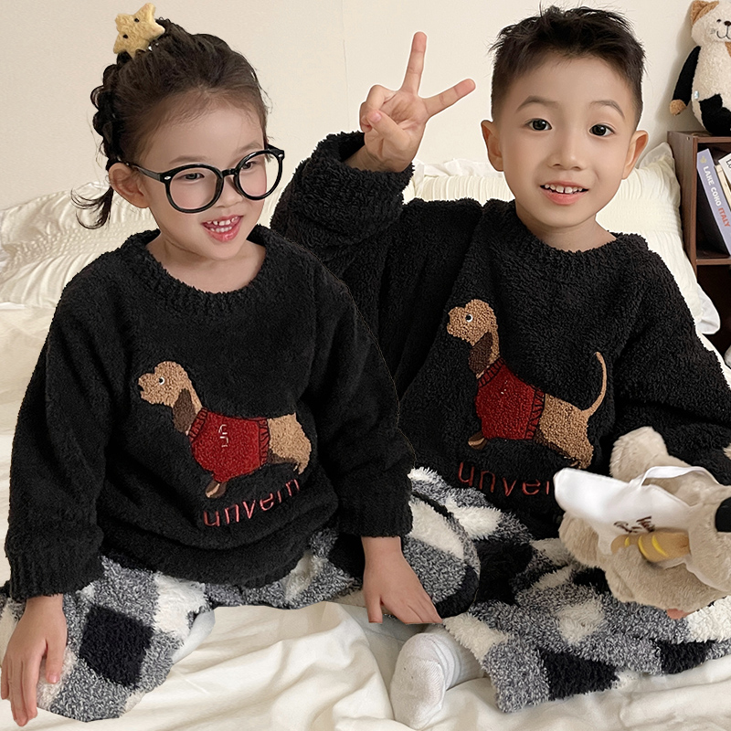 儿童睡衣秋冬加厚半边绒男女童家居服加绒珊瑚绒宝宝保暖抗菌套装