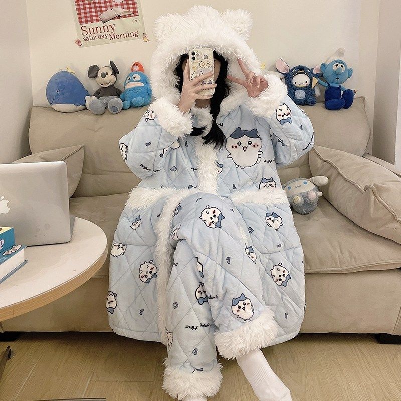 女冬加厚睡袍睡裙浴袍中长款三层夹棉保暖居家服可以外出可当棉衣