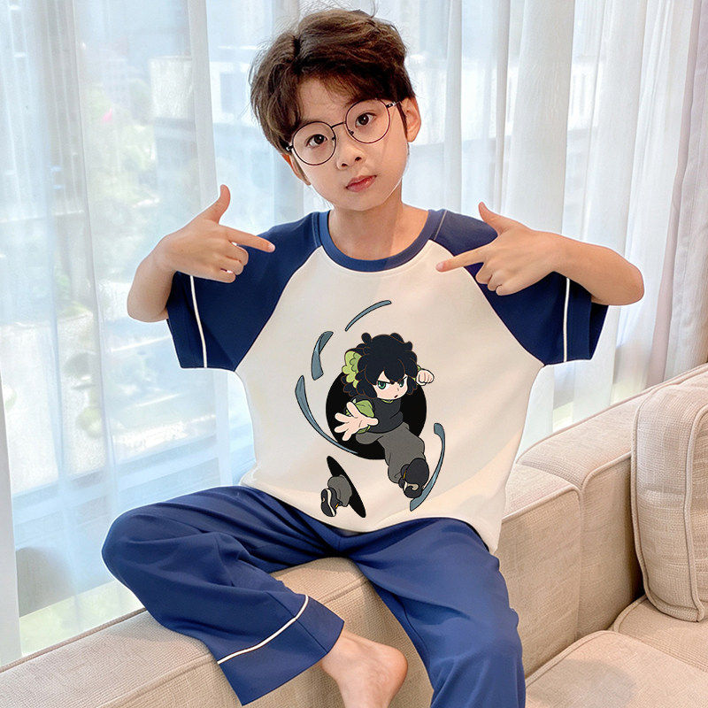 儿童睡衣男孩夏季新款纯棉大童短袖长裤男生青少年男童半袖家居服