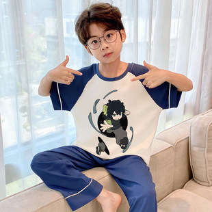 儿童睡衣男孩夏季新款纯棉大童短袖长裤男生青少年男童半袖家居服