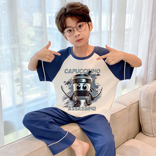 男童睡衣春夏季纯棉薄款短袖长裤青少年男孩大童可外穿家居服套装