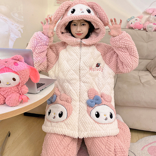 套装 天女士三层夹棉睡衣大码 珊瑚绒加绒加厚家居服 秋冬季 2025新款