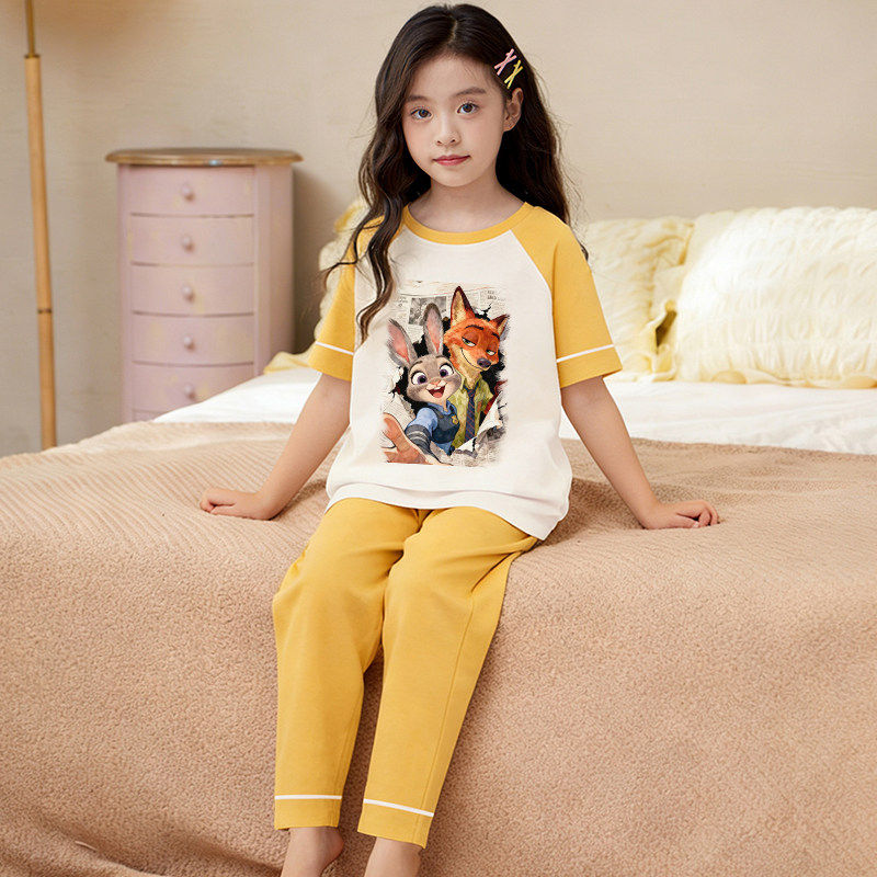 夏季女童睡衣短袖长裤纯棉薄款可爱公主风女孩新款家居空调服套装