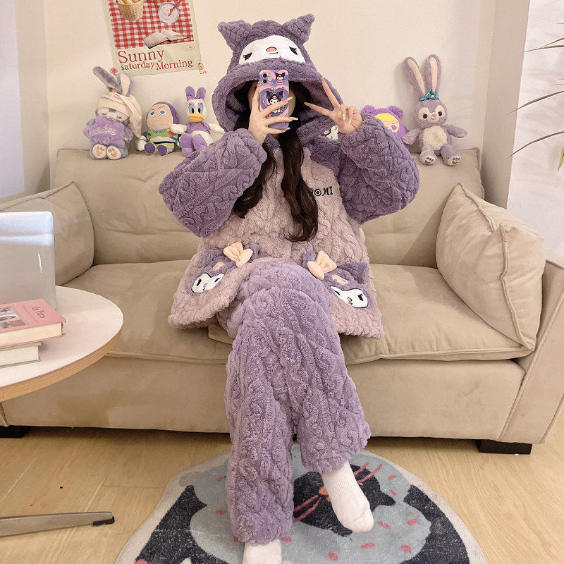 2026新款秋冬季天女士三层夹棉睡衣大码套装珊瑚绒加绒加厚家居服