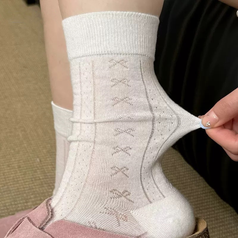 堆堆袜子女春天夏天蝴蝶结中筒袜夏季薄款配裙子暗纹透气纯棉