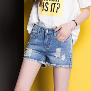 女2018夏季 毛边热裤 新款 学生百搭显瘦中腰大码 潮 韩版 破洞牛仔短裤