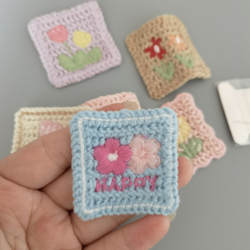 送针线 精致绣花标刺绣卡通方形花朵饰品发夹胸针补丁布标缝纫标