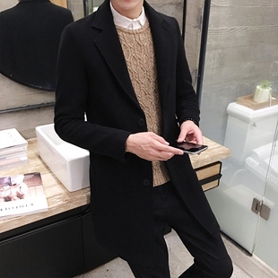 男士外套中长款风衣男春秋韩版修身呢大衣青少年学生大码毛呢大衣