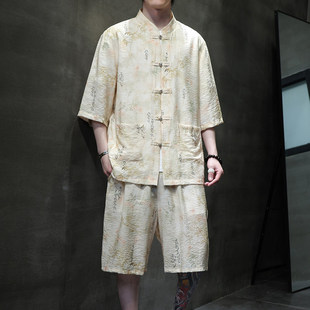衬衫 男夏季 中国风复古印花唐装 冰丝短袖 改良汉服两件套新中式 套装