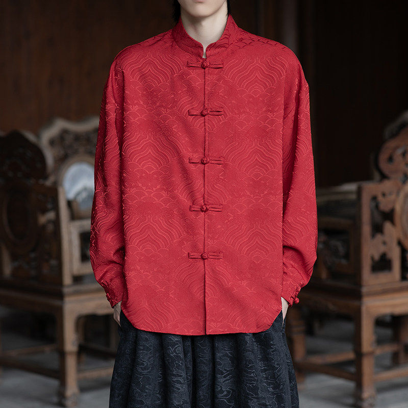改良汉服男中国风春秋季提花长袖衬衫新中式大码唐装立领盘扣衬衣,男装,唐装,淘宝优惠券,粉丝福利购,淘宝优惠卷