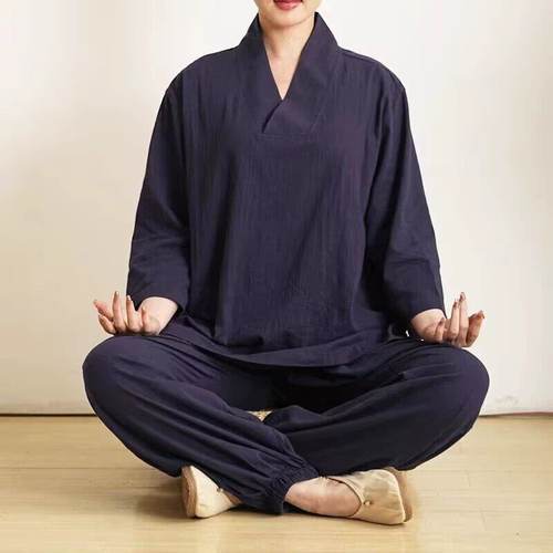 武当道士服装男春夏季道袍女亚麻正一道服男装居士服斜襟练功服