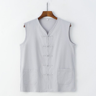 国风盘扣老头汗衫 中式 坎肩 背心马褂夏季 祥瑞唐纯棉老粗布马甲男士
