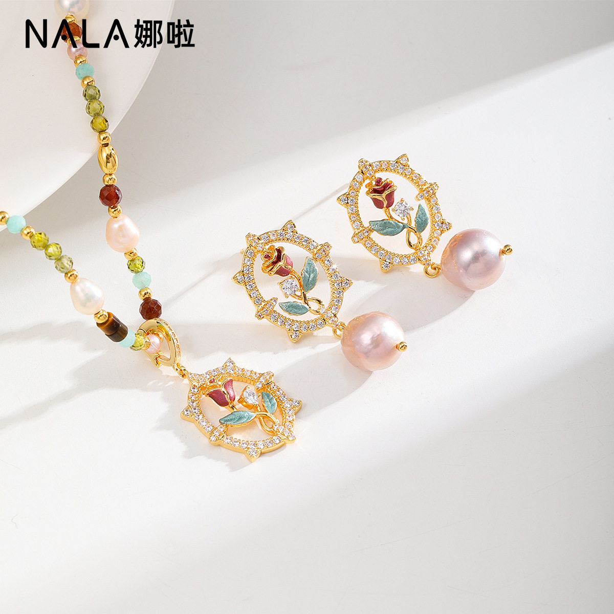 Nala娜啦珍珠玫瑰花项链耳环组合套装