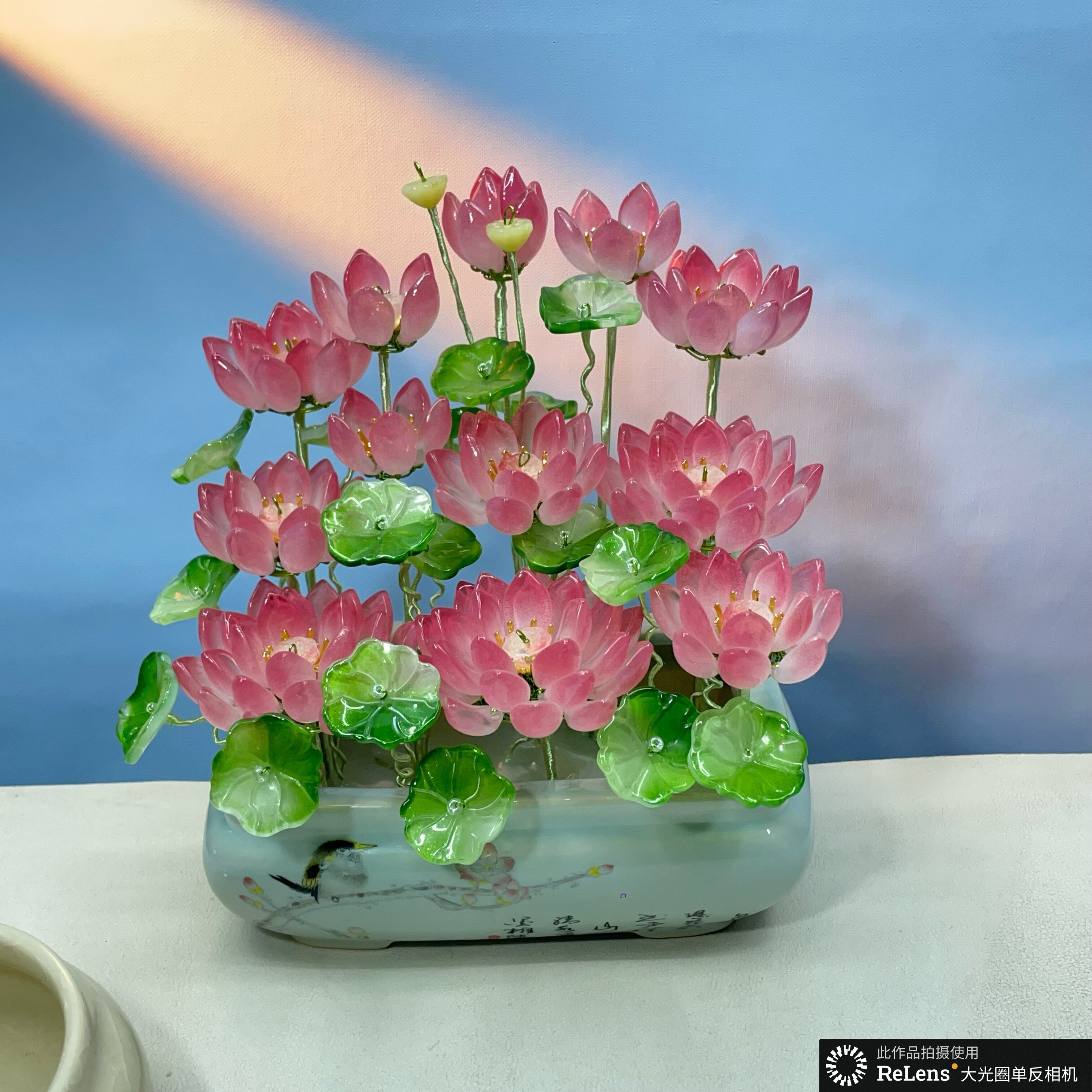 精致琉璃荷花盆栽】仿真花假花莲花观音佛供花高档桌面摆件简约