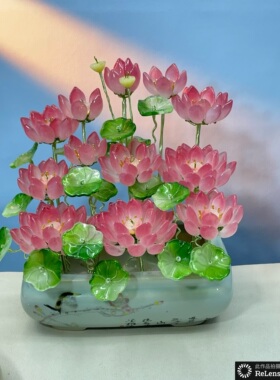 精致琉璃荷花盆栽】仿真花假花莲花观音佛供花高档桌面摆件简约
