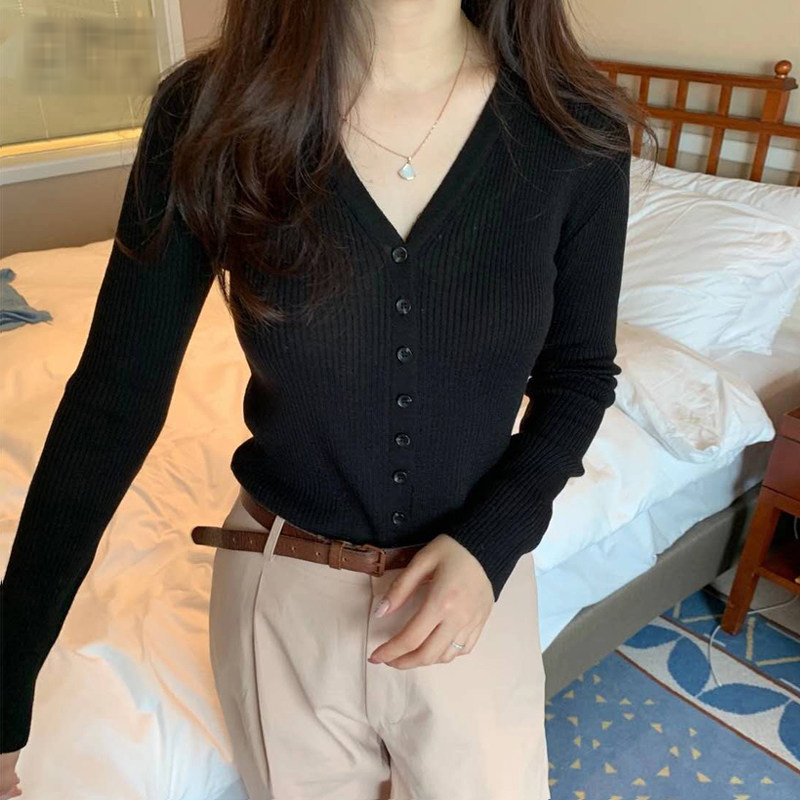 针织衫女黑色开衫2025新款薄款修身内搭v领打底上衣秋季毛衣外套