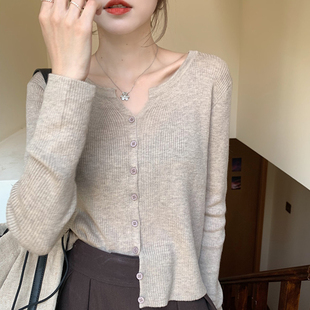 针织衫女内搭开衫2025新款薄款长袖外搭上衣秋冬灰色打底毛衣外套