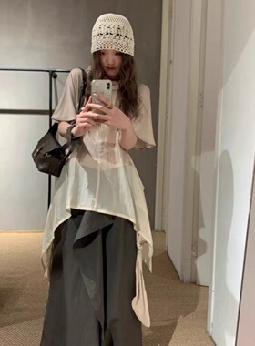 Lema*秀款~灵动飘逸真丝飘带 拼接双层短袖T恤