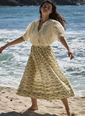 法式小众~夏日黄色小碎花 轻盈棉纱压褶A字半身裙