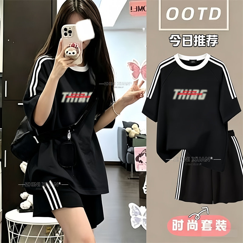 新款运动套装女中大童夏季2件套短袖短裤拼色三条杠简约印花字母