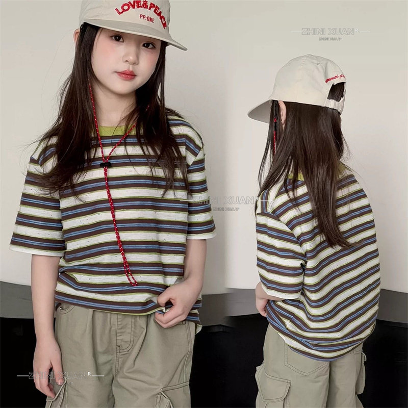 云彩面儿童夏天棉质条纹短袖t恤女童韩版外穿宽松圆领款半袖T恤衫