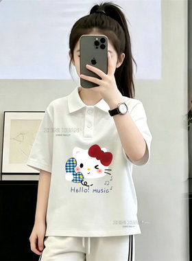 韩版新款POLO领短袖T恤女童凯蒂猫印花卡通休闲纯棉纯色系薄上衣