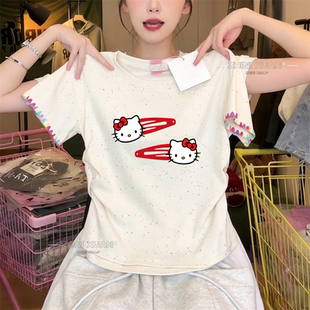 HelloKitty发夹图案正肩短袖T恤彩虹点韩系抽褶短款上衣夏季薄t恤
