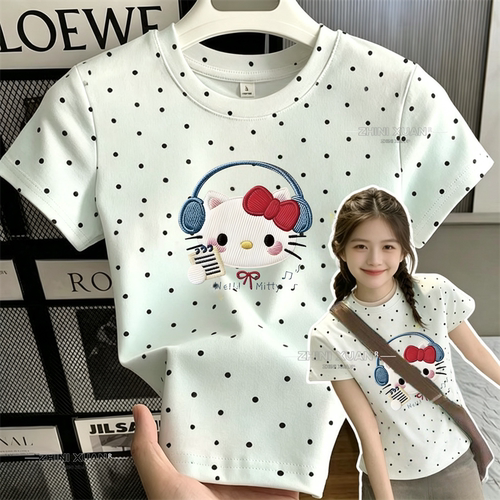 少女风Hello Kitty猫印花短袖T恤女中大童新款薄荷绿波点圆领上衣