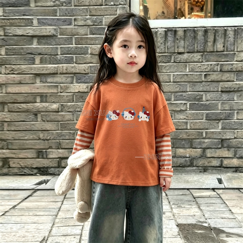 女童长袖假两件条纹T恤春秋新款中大童卡通百搭Kitty猫上衣打底衫