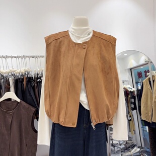 棕色麂皮绒外套马甲女胖妹妹春季 洋气马夹背心高级感夹克上衣 新款