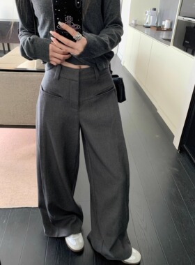 大码高级感灰色西装休闲裤女春季2026高腰显瘦宽松直筒阔腿拖地裤