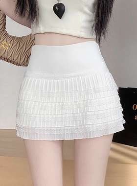 白色蕾丝百褶短裙女秋季高腰显瘦大码松紧防走光a字包臀半身裙子