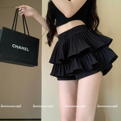 秋季 甜酷风黑色百褶半身裙女蓬蓬蛋糕裙高腰显瘦性感a字超短裙裤