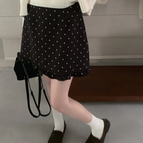 韩系复古波点木耳边毛呢半身裙女