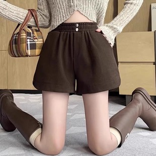 外穿宽松高腰显瘦阔腿靴裤 女秋冬新款 子 胖mm松紧高腰毛呢短裤 大码
