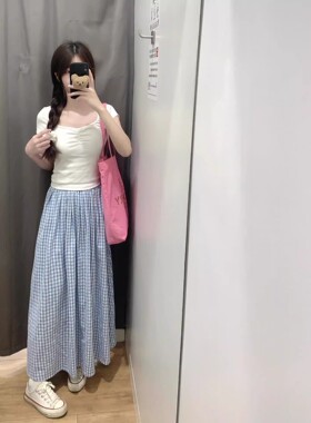 2026春季新款蓝色格子半身裙女小个子伞裙高腰显瘦法式a字长裙子