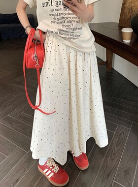 白色波点半身裙女夏季胖妹妹mm梨型身材高腰遮胯显瘦中长款a字裙