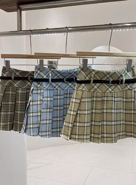 韩系学院设计感蓝色格纹半身裙梨型身材高腰显瘦防走光百褶短裙女