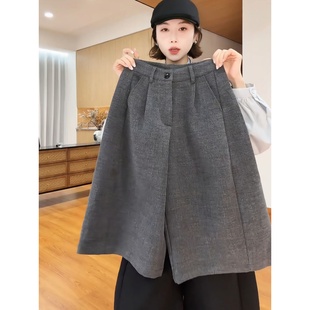 大码秋冬小众设计感阔腿毛呢裤女休闲七分裤宽松直筒中裤呢子面料