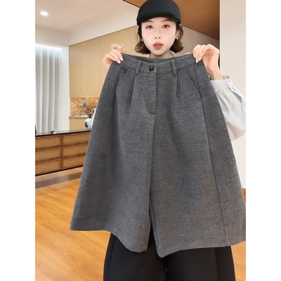 大码秋冬小众设计感阔腿毛呢裤女