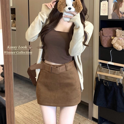 秋季小个子高腰棕色PU小皮裙短裙