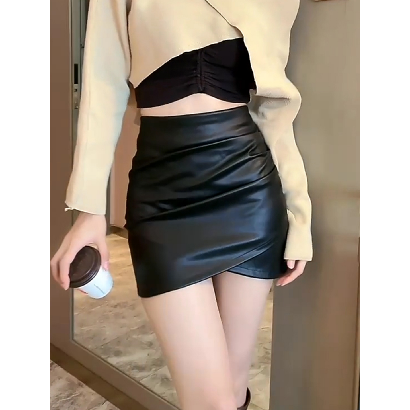 黑色包臀裙女微胖mm小皮裙半身裙