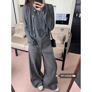 春季2026年新款复古灰色高腰叠褶西装裤女款大码拖地阔腿休闲裤子